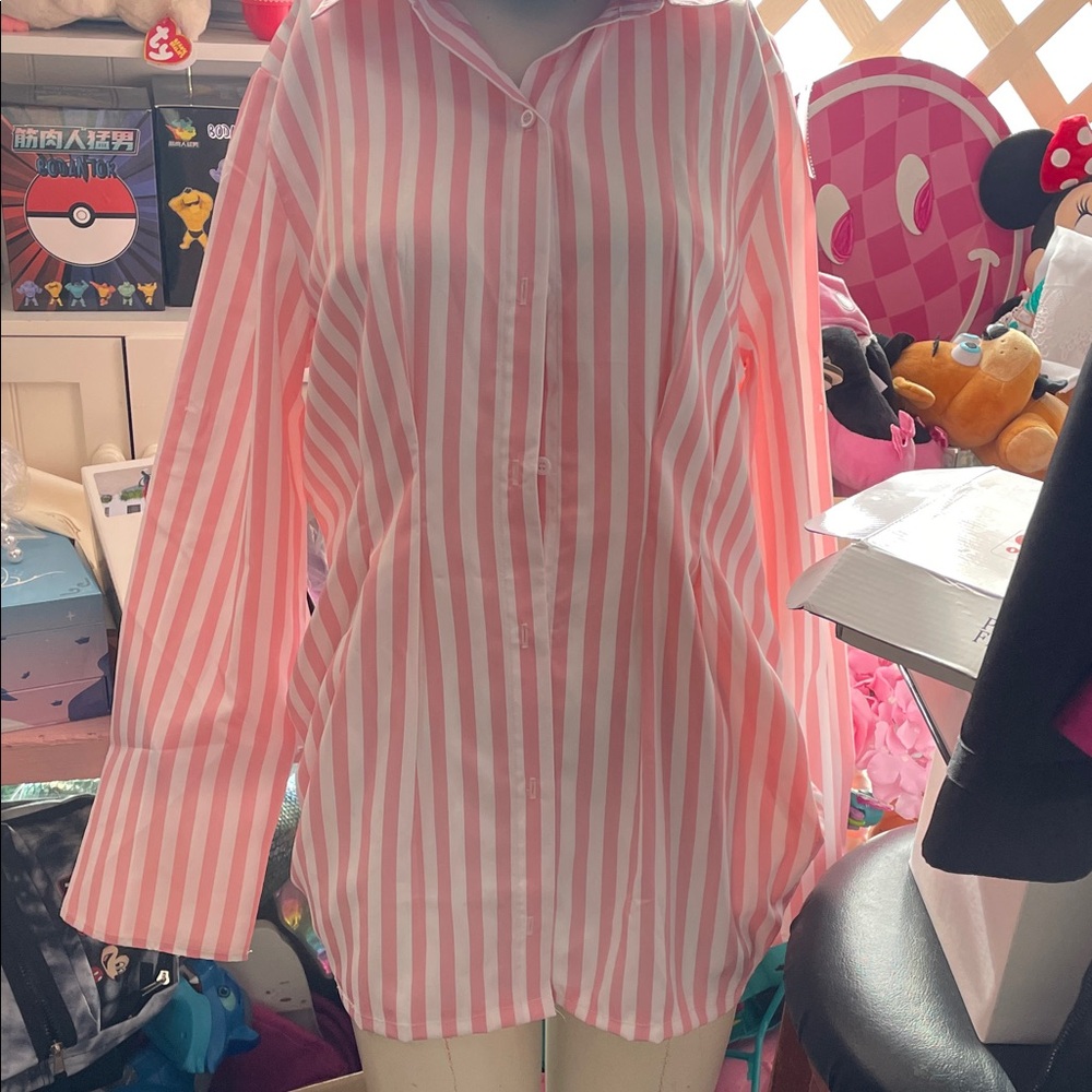 Pink and White Striped Button-Up Shirt